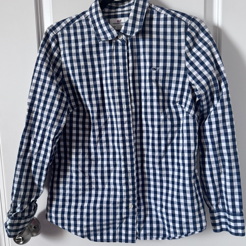 Vineyard Vines Women’s Navy and White Checkered Shirt-6-Small